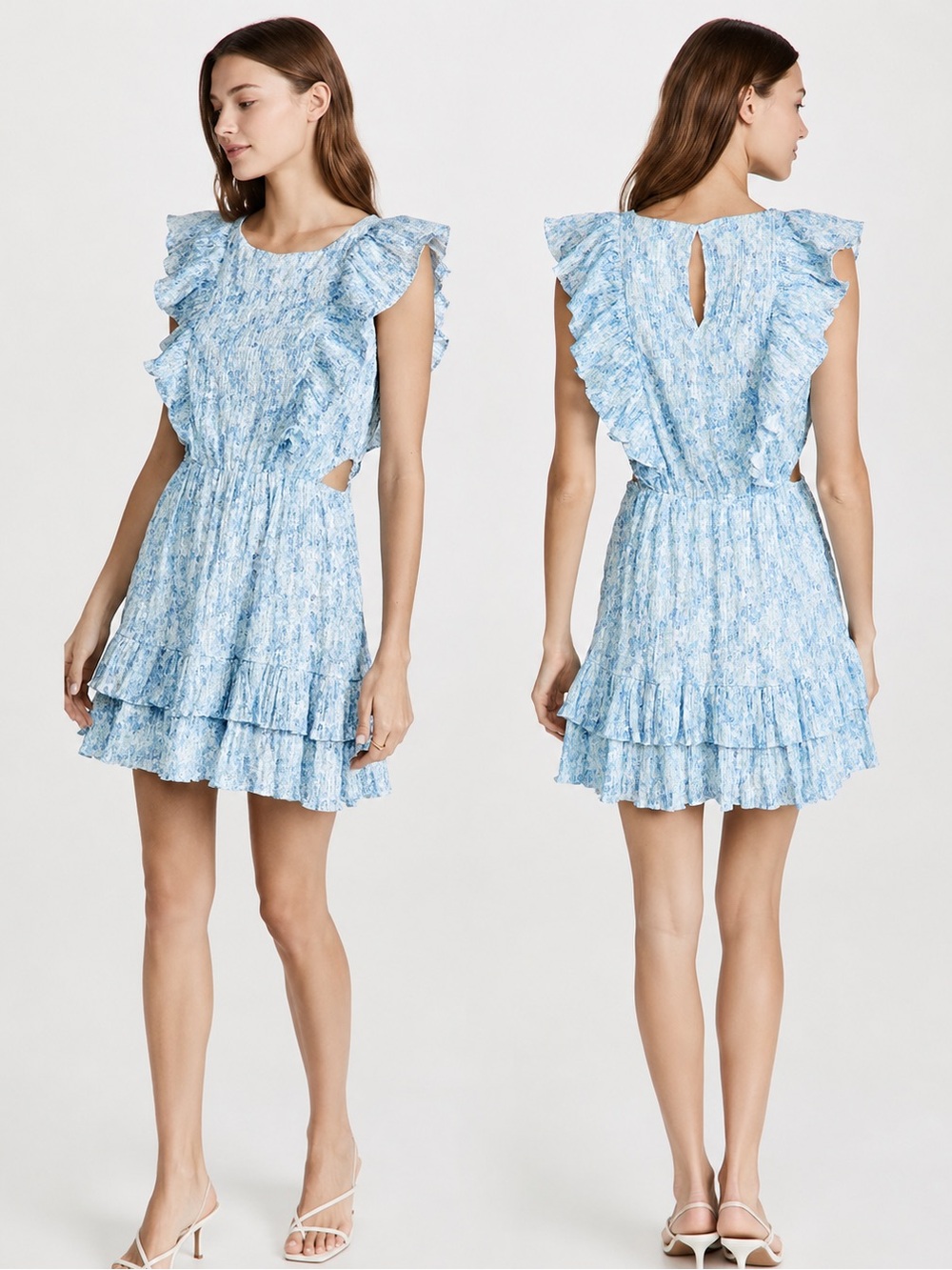 Minpink Zahari Blue Floral Ruffle Cutout Mini Dress Size M NWT